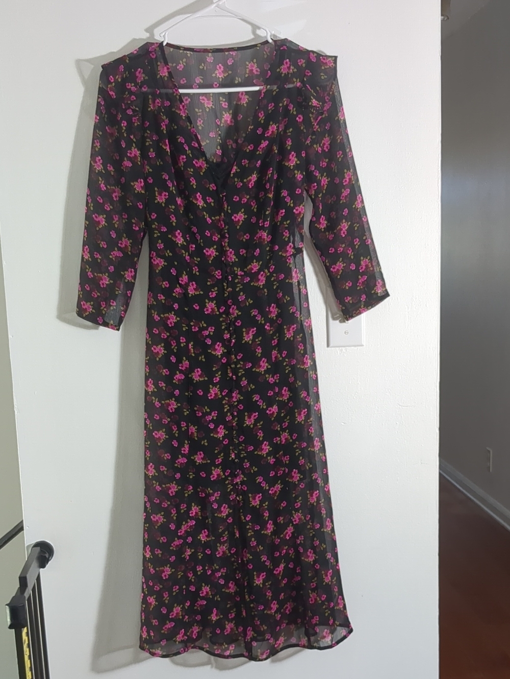 Express Black Sheer & Pink Floral Midi Dress with Lace Half Slip  Shell Size XXS